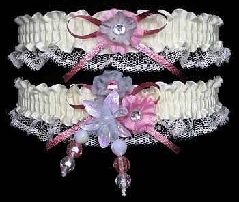 Multi-color Wedding Bridal Prom Garter SET in Pink Gray Ivory on Ivory Lace