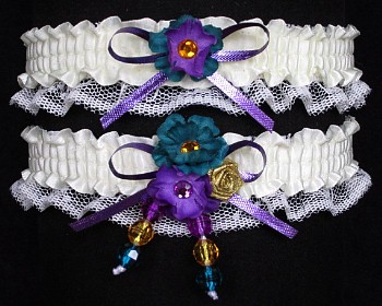 Multi-color Wedding Bridal Prom Garter SET in Purple Teal Gold on Ivory Lace