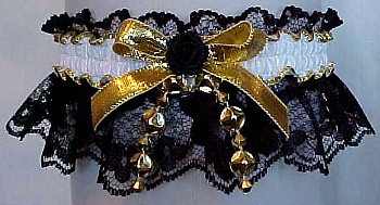 Black Lace Garters with White Moire Band and Gold Metallic Bow. Trim offered with Gold Stars, Gold Pearls, Gold Hearts, and Black mini rose. MyGarters, My Garters, MyBridalGarter, MyPromGarter, MyPromGarters, MyBridalGarter, My Black Lace Garter, garter, garders, garder