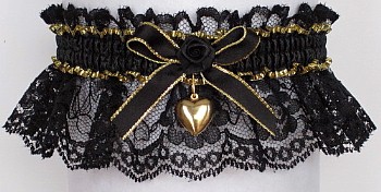 Fancy Bands Black & Gold Garter with Gold Puffed Heart. Prom Garter - Wedding Garter - Bridal Garter