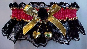 Black Lace Garters with Red Moire Band and Gold Metallic Bow. Trim offered with Gold Stars, Gold Pearls, Gold Hearts, and Black mini rose. MyGarters, My Garters, MyBridalGarter, MyPromGarter, MyPromGarters, MyBridalGarter, My Black Lace Garter, garter, garders, garder