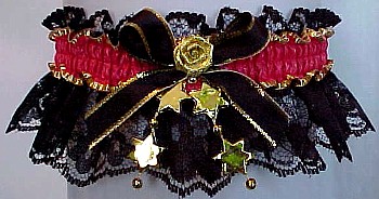 Black Lace Garters with Red Moire Band with Gold Edge and trimmed with Gold Stars, Pearls, or Hearts. MyGarters, My Garters, MyPromGarter, MyPromGarters, MyBridalGarter, My Black Lace Garter, garter, garders, garder