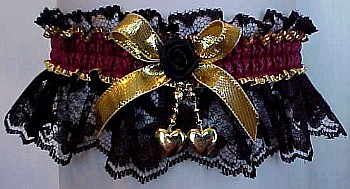 Black Lace Garters with Burgundy Moire Band and Gold Metallic Bow. Trim offered with Gold Stars, Gold Pearls, Gold Hearts, and Black mini rose. MyGarters, My Garters, MyBridalGarter, MyPromGarter, MyPromGarters, MyBridalGarter, My Black Lace Garter, garter, garders, garder