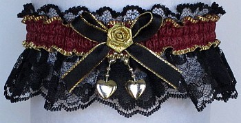 Fancy Bands Burgundy Wine Garter on Black Lace with 2 Gold Hearts. Prom Wedding Bridal Valentine