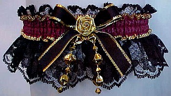 Black Lace Garters with Burgundy Moire Band with Gold Edge and trimmed with Gold Stars, Pearls, or Hearts. Gold edged satin bow and metallic mini rose. MyGarters, My Garters, MyPromGarter, MyPromGarters, MyBridalGarter, My Black Lace Garter, garter, garders, garder