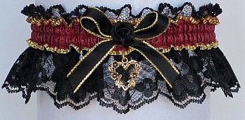 Fancy Bands Burgundy Wine Garter on Black Lace with Gold Open Heart Charm. Prom Wedding Bridal Valentine