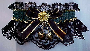 Black Lace Garters with Hunter Moire Band with Gold Edge and trimmed with Gold Stars, Pearls, or Hearts. Gold edged satin bow and metallic mini rose. MyGarters, My Garters, MyPromGarter, MyPromGarters, MyBridalGarter, My Black Lace Garter, garter, garders, garder