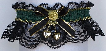 Fancy Bands Forest Green Garter on Black Lace with 2 Gold Hearts. Prom Wedding Bridal