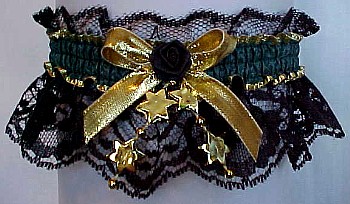 Black Lace Garters with Hunter Moire Band and Gold Metallic Bow. Trim offered with Gold Stars, Gold Pearls, Gold Hearts, and Black mini rose. MyGarters, My Garters, MyBridalGarter, MyPromGarter, MyPromGarters, MyBridalGarter, My Black Lace Garter, garter, garders, garder
