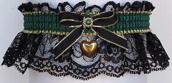 Fancy Bands Forest Green Garter on Black Lace with Gold Puffed Heart Charm. Prom Wedding Bridal