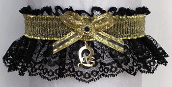 Fancy Bands Black & Gold Garter with Love Charm. Prom Garter - Wedding Garter - Bridal Garter