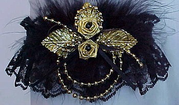 Black Lace Deluxe Old Gold Pearls Garters with Marabou Feathers. Black Garters. MyGarters, My Garters, MyBridalGarter, MyPromGarter, MyPromGarters, MyBridalGarter, My Black Lace Garter, garter, garders, garder