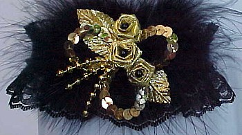 Black Lace Deluxe Gold Sequins and Roses Garters with Marabou Feathers. Black Garters. MyGarters, My Garters, MyBridalGarter, MyPromGarter, MyPromGarters, MyBridalGarter, My Black Lace Garter, garter, garders, garder