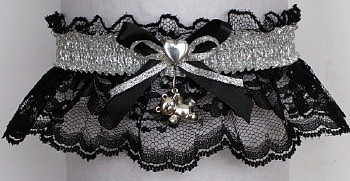 Fancy Bands Black & Silver Garter with Teddy Bear Charm. Prom Garter - Wedding Garter - Bridal Garter. garders, garder