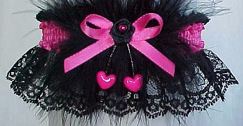 Shocking Pink Dbl Hearts Valentine Garter w/ Marabou Feathers on Black Lace.garder