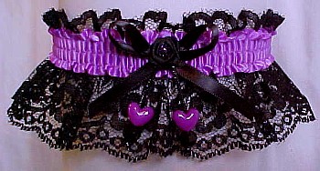 Purple and Black Garter w/Double Hearts on Black Lace. Prom Garter - Wedding Garter - Bridal Garter.