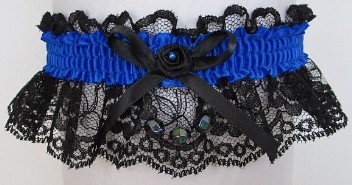 Neon Electric Blue Garter with AB Faceted Beads on Black Lace for Wedding Bridal Prom
