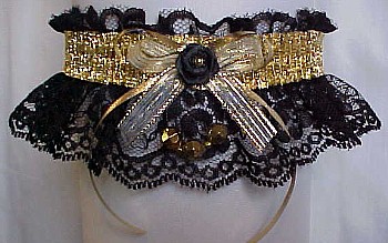 Fancy Bands Black Lace Garters with Shiny Gold Metallic Band and Faceted Beads. Prom Garter - Wedding Garter - Bridal Garter