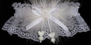White Wedding Garter - White Bridal Garter - White Prom Garter - White Lace Garters with Double Hearts & Marabou feathers. garter, garders, garder