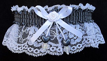 Pewter Double Hearts Garter on White Lace for Wedding Bridal Prom