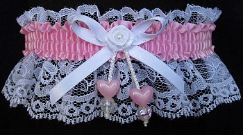 Wild Orchid Double Hearts Garter on White Lace for Wedding Bridal Prom Dance
