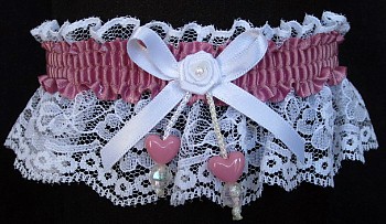 Rosy Mauve Double Hearts Garter on White Lace for Wedding Bridal Prom Dance