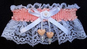 Coral Ice Double Hearts Garter on White Lace for Wedding Bridal Prom Dance