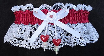 Wine Double Hearts Garter on White Lace for Wedding Bridal Prom