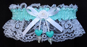 Aqua Double Hearts Garter on White Lace for Wedding Bridal Prom Dance