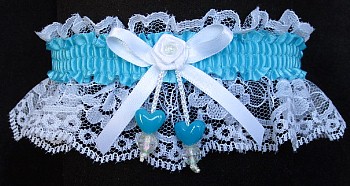 Misty Turquoise Double Hearts Garter on White Lace for Wedding Bridal Prom
