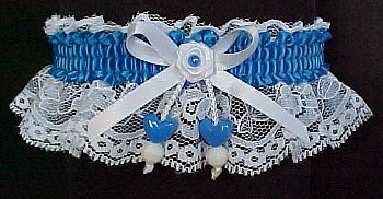 Aegean Blue Double Hearts Garter on White Lace for Wedding Bridal Prom