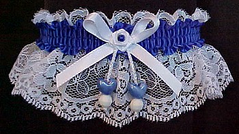 Royal Blue Double Hearts Garter on White Lace for Wedding Bridal Prom