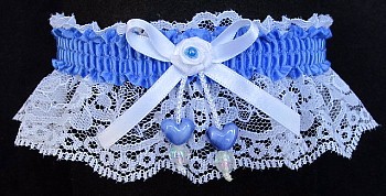 True Blue Double Hearts Garter on White Lace for Wedding Bridal Prom Dance