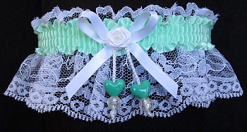 Pastel Green Double Hearts Garter on White Lace for Wedding Bridal Prom