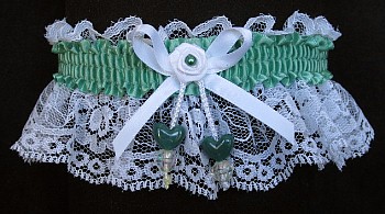 Celedon Green Double Hearts Garter on White Lace for Wedding Bridal Prom