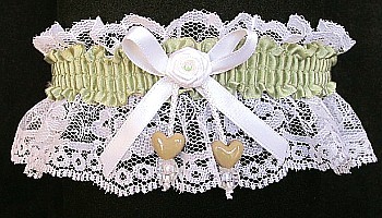 Soft Pine Double Hearts Garter on White Lace for Wedding Bridal Prom Dance