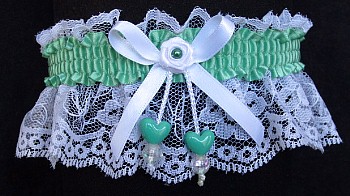 Sage Green Double Hearts Garter on White Lace for Wedding Bridal Prom Dance