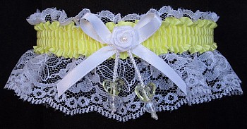 Baby Maize Yellow Double Hearts Garter on White Lace for Wedding Bridal Prom Dance