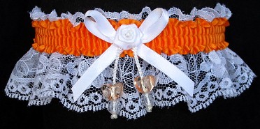 Neon Orange Garter with AB Dbl Hearts on White Lace for Wedding Bridal Prom