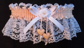Petal Peach Double Hearts Garter on White Lace for Wedding Bridal Prom