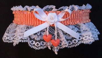 Peach Double Hearts Garter on White Lace for Wedding Bridal Prom