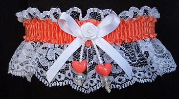 Cantaloupe Double Hearts Garter on White Lace for Wedding Bridal Prom Dance