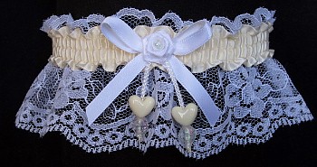 Cream Double Hearts Garter on White Lace for Wedding Bridal Prom Dance