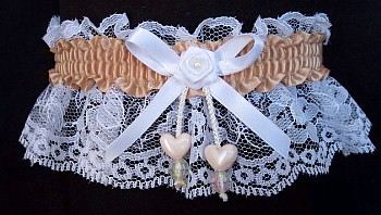 Tan Double Hearts Garter on White Lace for Wedding Bridal Prom