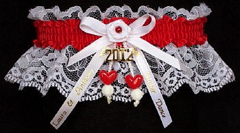 Personalized Winter Dance Garters. Double Hearts with Year Charm and Imprinted Ribbon Tails. Winter Formal Garters, Winter Ball Garters, Sadie Hawkins Dance Garters, Snowball Dance Garters, Snoball Dance Garters, SnoDaze Dance Garters, T.W.I.R.P. Dance Garters, TWIRP Dance Garters, Turnabout Dance Garters. garter, garders, garder