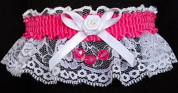 Hot Pink Faceted Beads Garter on White Lace for Wedding Bridal Prom