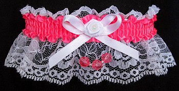Passion Pink Faceted Beads Garter on White Lace for Homecoming
