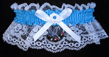 Neon Island Blue Garter with Aurora Borealis Faceted Beads on White Lace for Wedding Bridal Prom