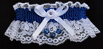 Lt Navy Blue Faceted Beads Garter on White Lace for Wedding Bridal Prom