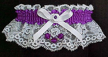 Purple and White Garter w/ Purple Faceted Beads for Wedding Bridal Prom